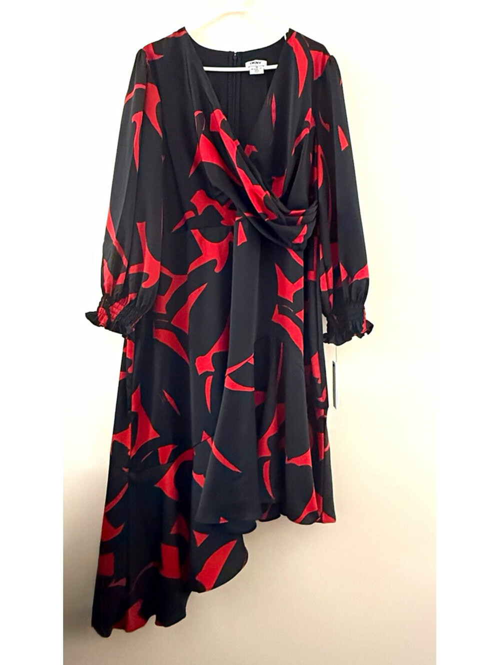 DKNY 16W Black Red Abstract Print Faux Wrap Long Sleeve Asymmetrical Midi Dress